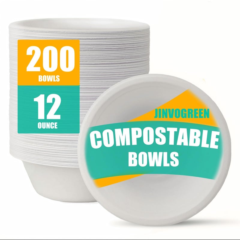 JINVOGREEN 200 Count 12 oz Paper Bowls Disposable Compostable Bowls Bulk Heavy Duty Biodegradable Bagasse Bowl for Snacks Soup and Salads White